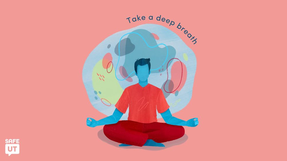 Graphic with "Take a deep breath" featuring an illustration of a male character meditating.