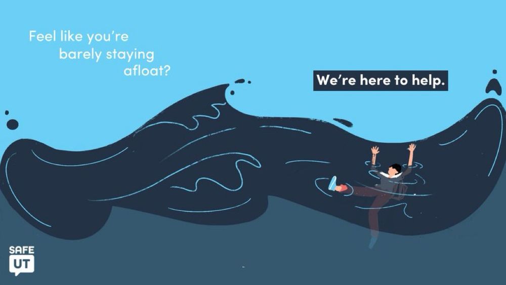 Graphic with "Feel like you're barely staying afloat? We're here to help." featuring an illustration of someone floating atop a large wave.