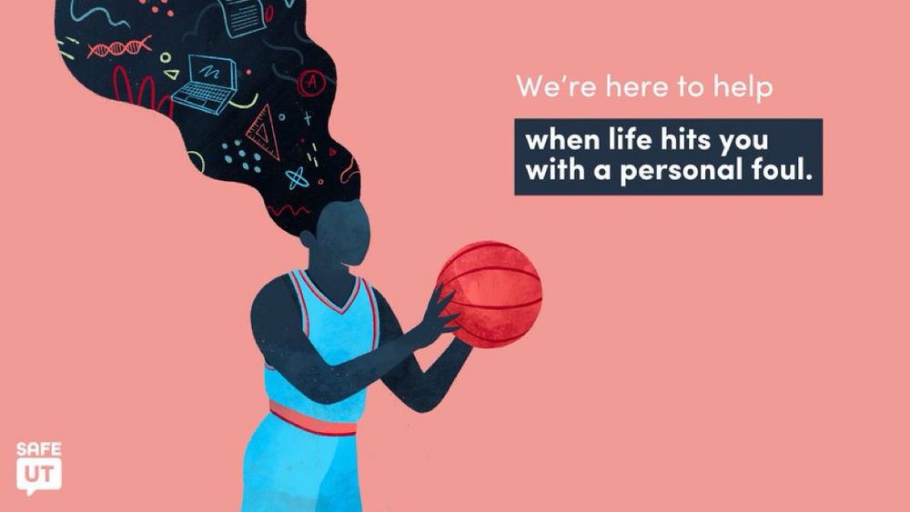 Graphic with "We're here to help when life hits you with a personal foul." featuring an illustration of a female basketball player holding a basketball.