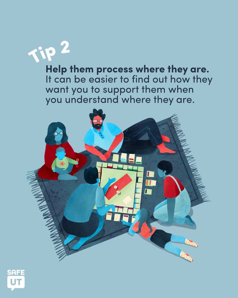 Graphic with "Tip 2. Help them process where they are. It can be easier to find out how they want you to support them when you understand where they are." featuring an illustration of a family that includes an adult male and female and four children, ages ranging from a baby to teenager. The family is playing a board game.