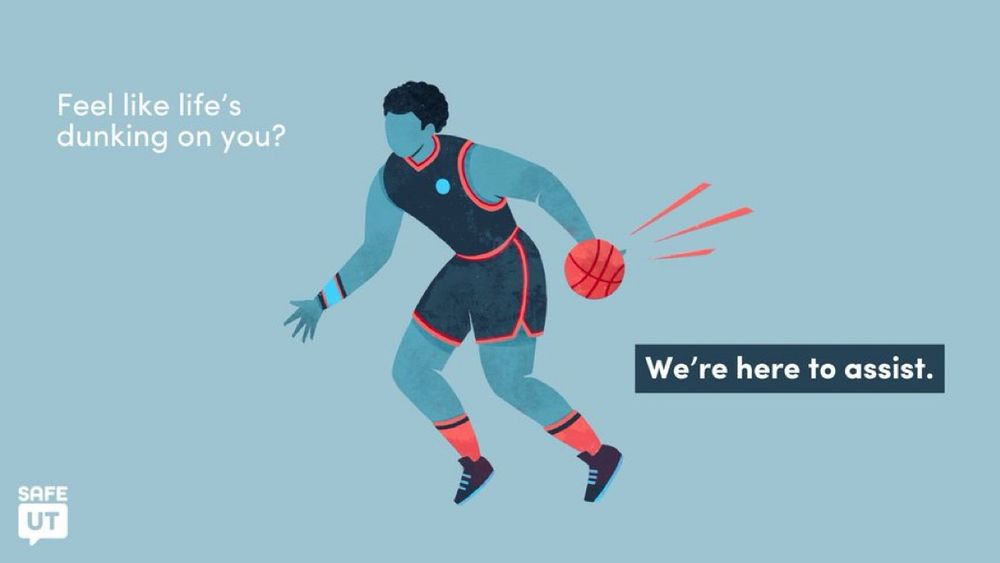Graphic with "Feel like life's dunking on you? We're here to assist." featuring an illustration of a male basketball player dribbling a basketball.