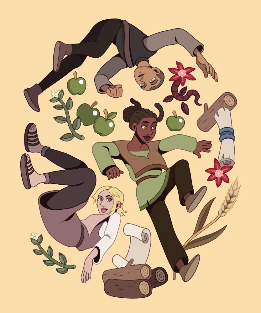 illustration of 3 characters of Pyrene (Lanoe, Gashia and Atanaia) floating with items around them