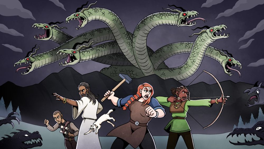 Pyrene's key art
4 characters ready to fight in the middle
a 7 headed monster in the background above mountains