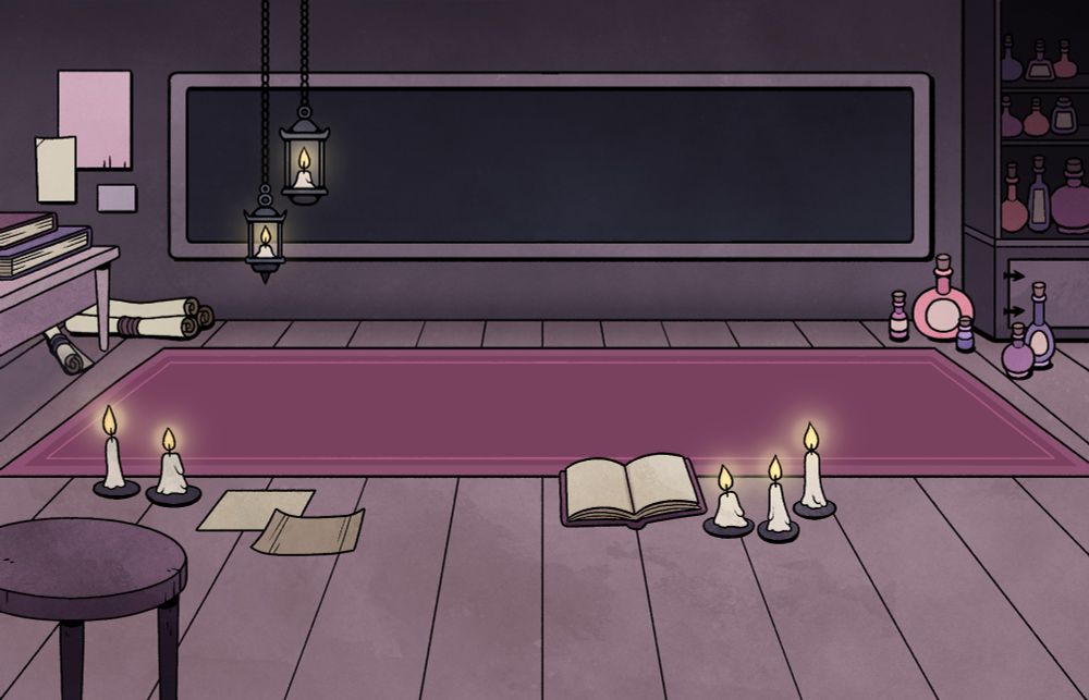Background of a classroom, with a big black chalkboard, a carpet on the floor, candles, books on a table on the left, sheets of paper and a cupboard with potions on the right