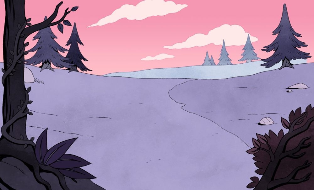 Background in shades of pink and purple of a natural environment, with trees and rocks
