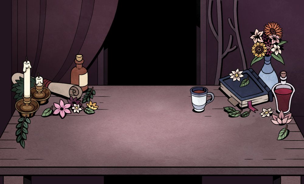 Background of a room with a table in the middle, with several objects standing on it (candle, cup of tea, flowers, books and scrolls etc), behind it, an open door and a curtain
