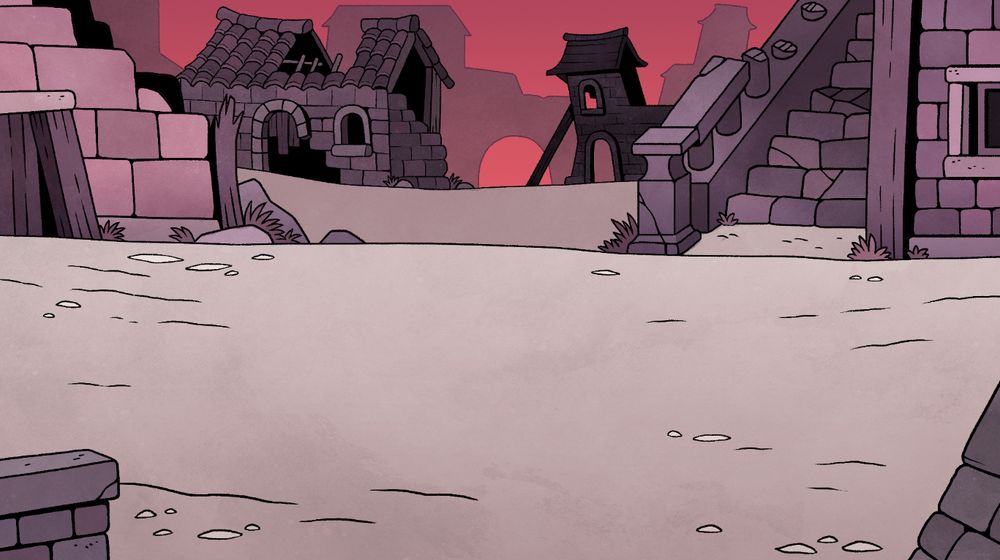 Background of a village in ruins, in shade of pink and red