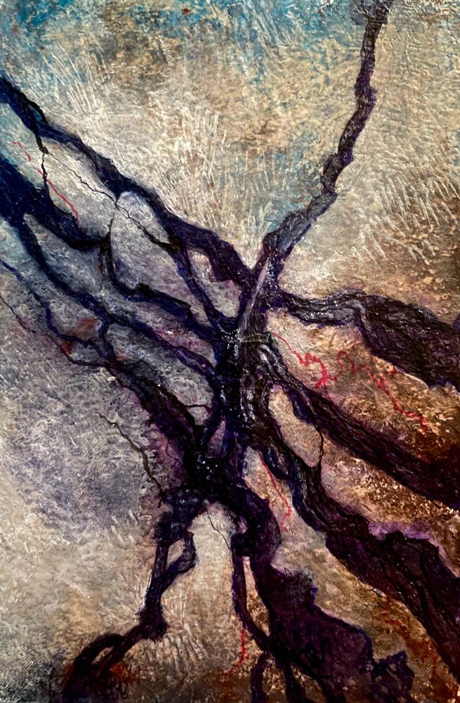 gnarled black veiny squiggles criss cross a pale bruisy background. basically nothing