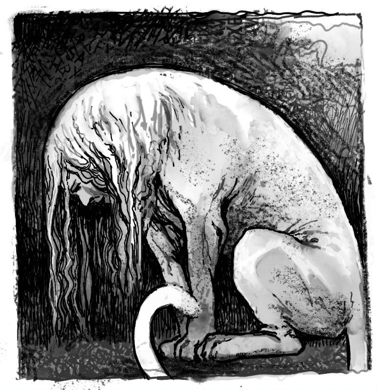 black and white digital drawing of a sphinx staring morosely at the ground. her hair cascades down like water