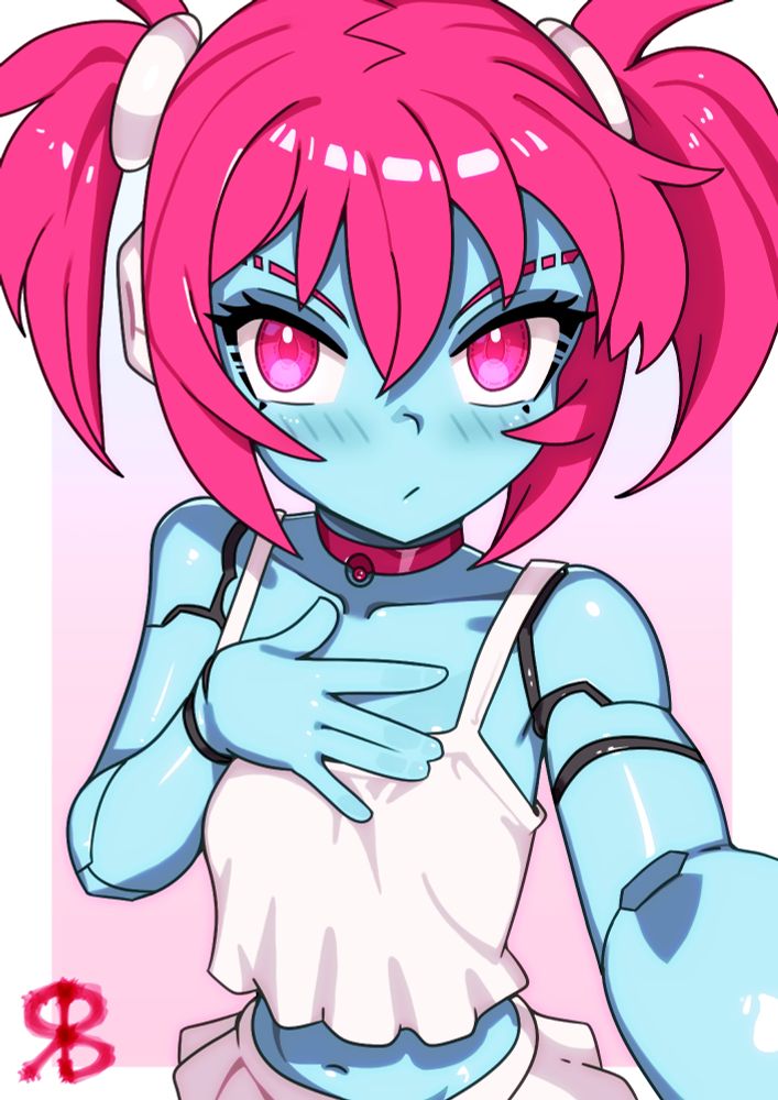 Light blue anime robot girl with pink, short twintail hair, wearing a white top and skirt, taking a selfie. She's not looking too pleased, though.