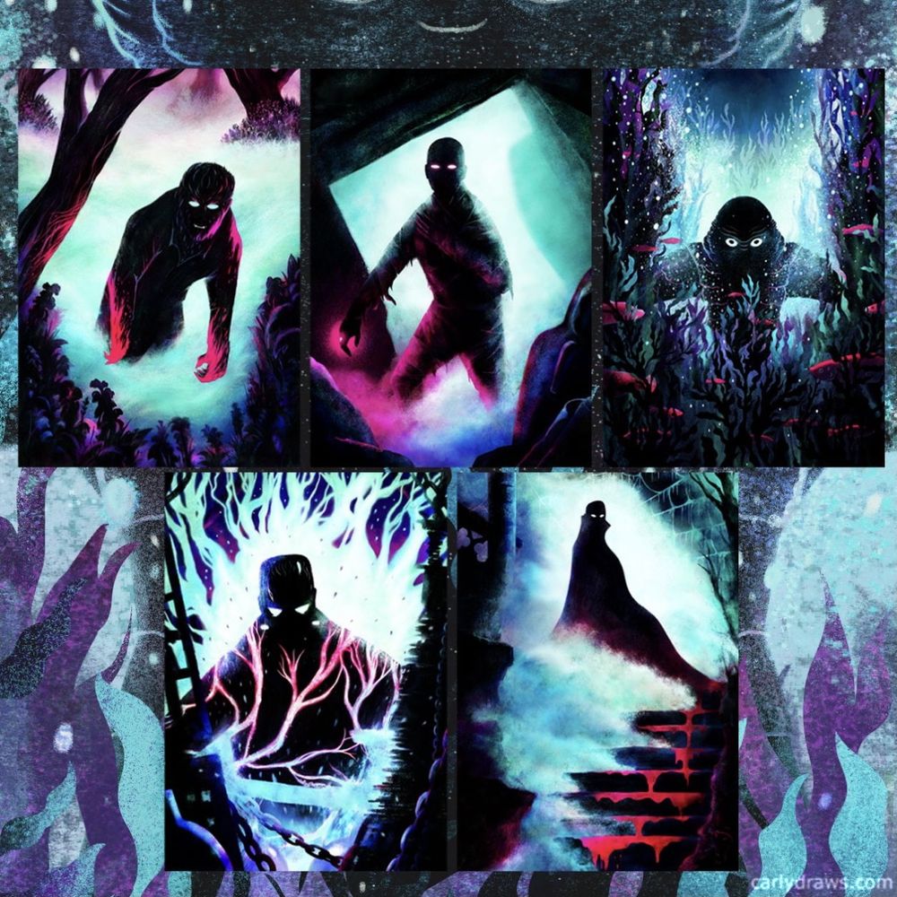charcoal and digital colour monster art
monsters as dark against blue backgrounds and scarlet red blood