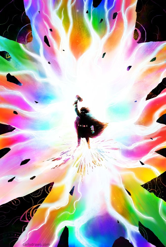 THOR ON RAINBOW BRIDGE 
art by Carly A-F
thor with hammer and gauntlets, surrounded by lightining and rainbow colours