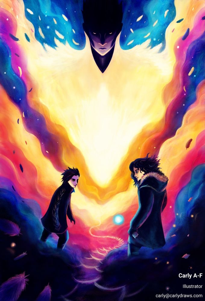 a sinister man in clouds looking at 2 young adults 