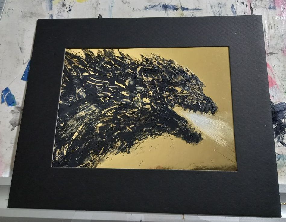 gold grime grotzilla
paint over gold board in scraperboard style 