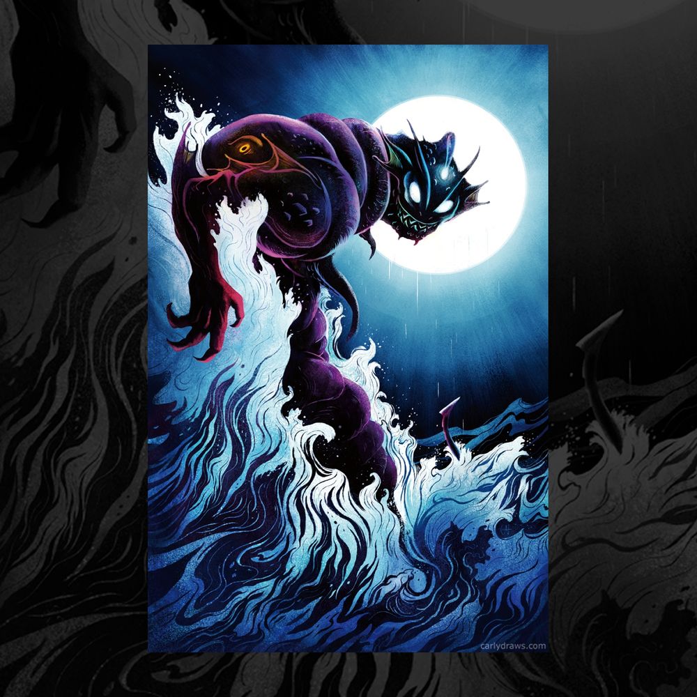 cover art by Carly A-F for ROGUE SUN, a monster rises from the ocean