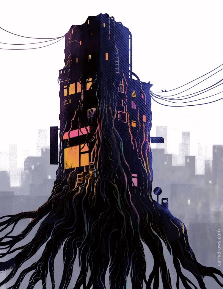 building with tree roots