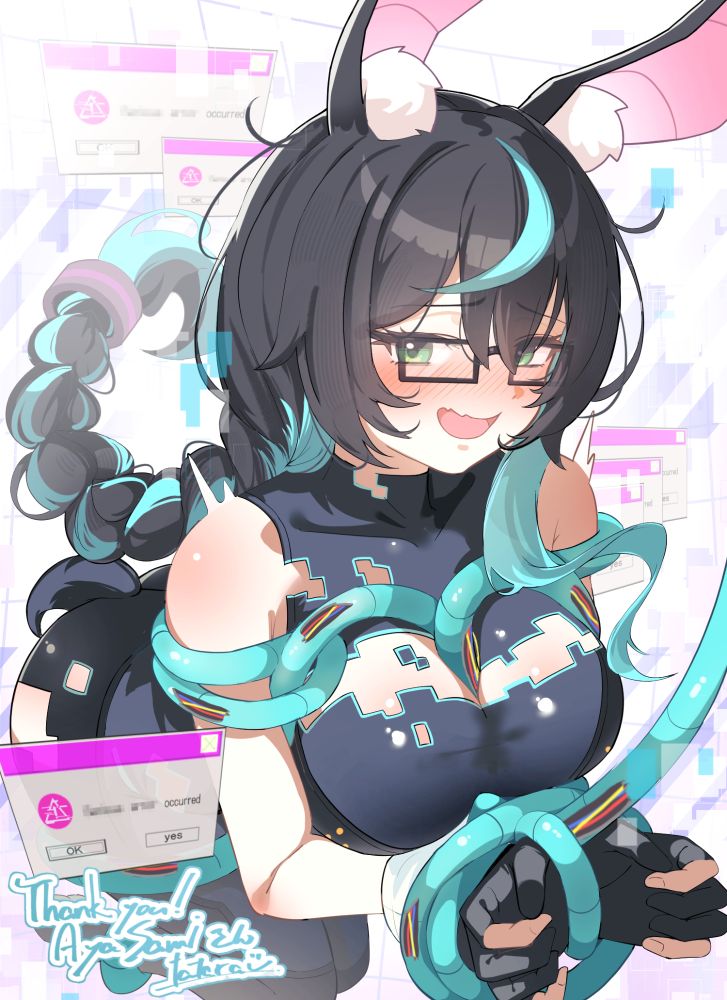Artwork of Aya Sami, digital rabbit vtuber. She is tied up by electrical cables that are binding her hands together and wrapping around her breasts, and her clothes are being "deleted" to expose her skin. She is wearing her usual sleeveless bodysuit and her hair is tied in a thick braid. She has a somewhat perverted expression on her face. There are glitched error windows popping up around her. The artwork is drawn by tatara