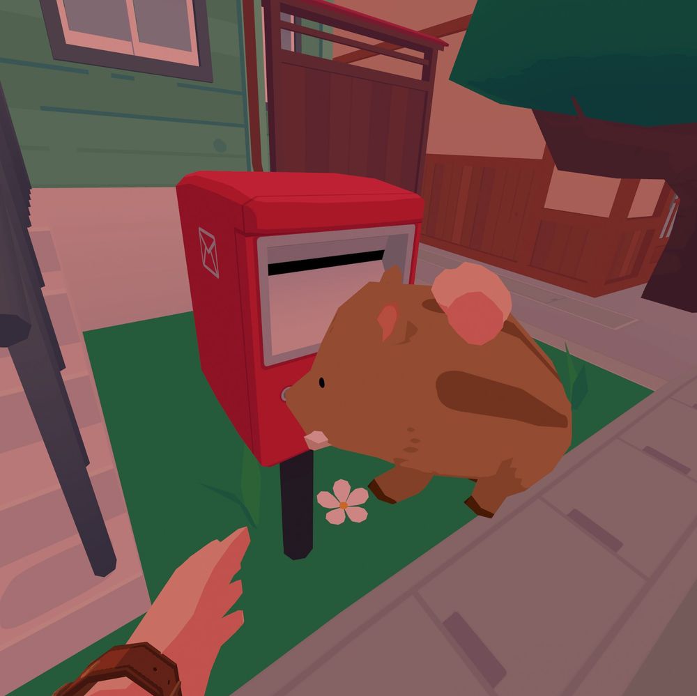 Sushi Ben screenshot of a baby boar being held in front of a post box