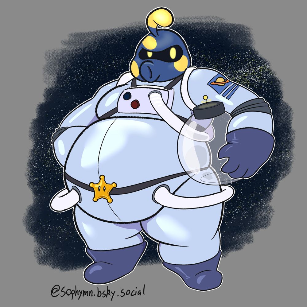 A chubby anthropomorphic take on the electrogoomba/octoomba enemy from Super Mario Galaxy. They're wearing a space suit and have a fish-bowl-style space helmet tucked under their arm.