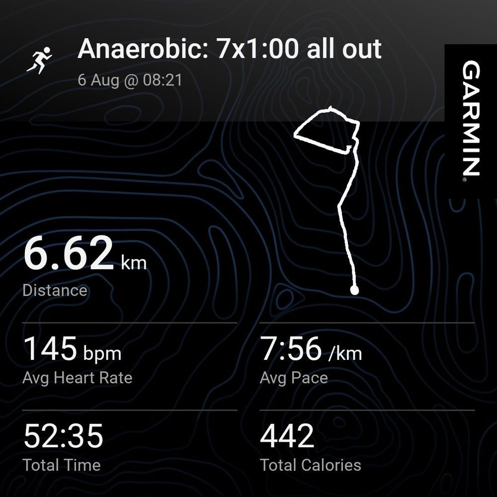 Garmin running activity data
Anaerobic 7x1m all out
Distance: 6.62km
Avg hr: 145bpm
Avg pace: 7:56/km
Total time: 52:35
