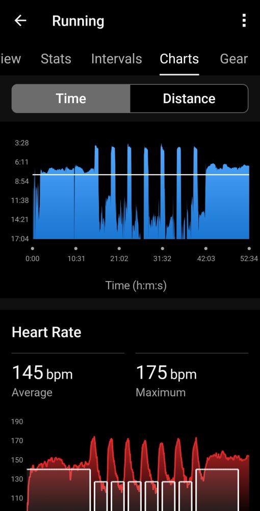Garmin running activity data showing a chart with pace over time
A second chart shows heart rate over time