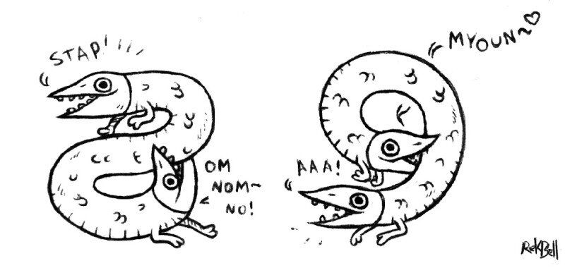 a serpent like creature with heads at both ends, in the first drawing the bottom head is biting the body, saying "om nom- no", while the other head says "Stap!" In the other drawing, the top head is now biting, saying "Myoun!" while the bottom head screams "AAA!"