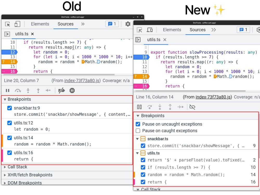 The old and new breakpoint sidebar pane side-by-side.