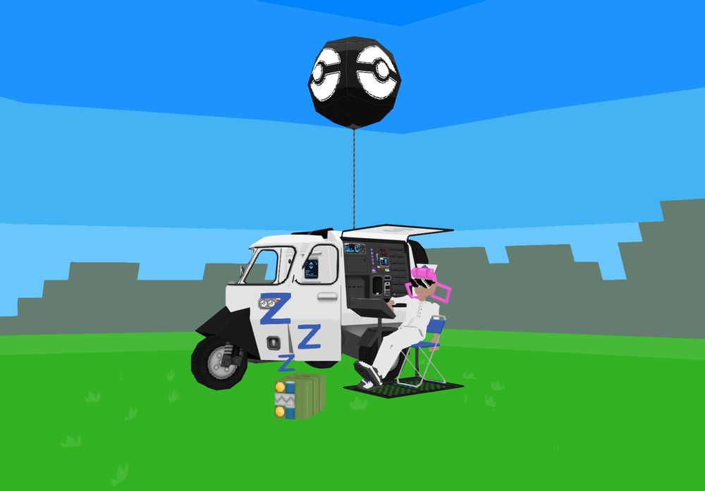 A mobile Pokemon centre with nurse Joy reclining next to it. Carjabug is asleep on the ground.