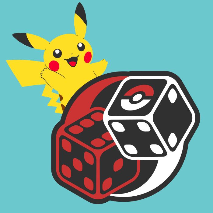 Logo for my Pokemon TTRPG. A red dice and a white dice being thrown by Pikachu.