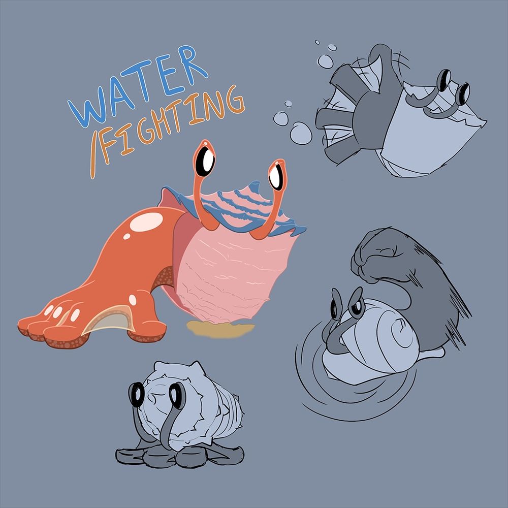 A fake Pokemon based in a sea snail. Most of its body is inside its shell, except for eye stalks and 1 large arm