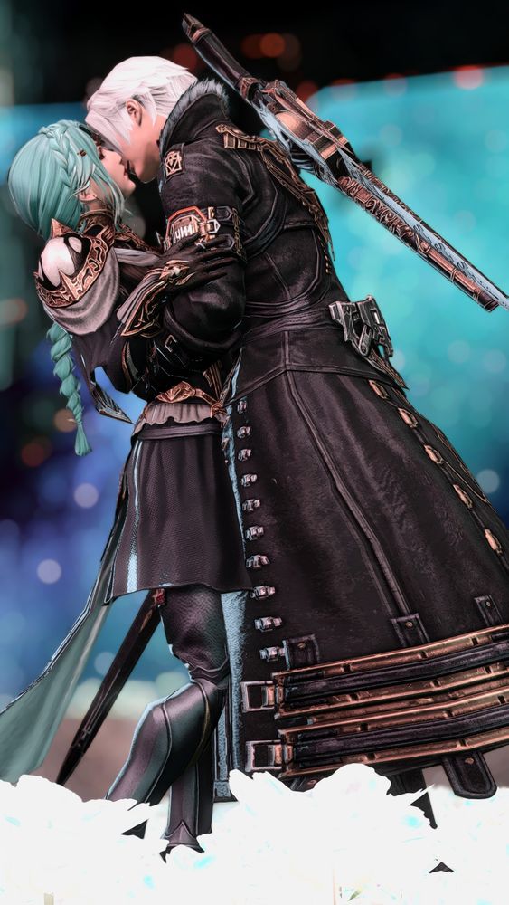 Thancred and Maeve embrace in a passionate kiss while standing in a field of elpis flowers at the end of the universe. They are both wearing gold and black armour.