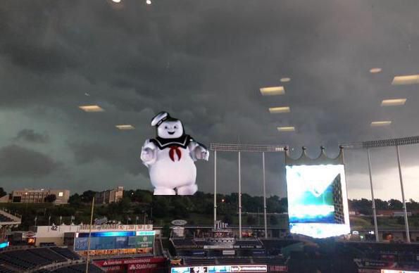Storm clouds as the Stay-Puft Marshmallow Man approaches The K. 