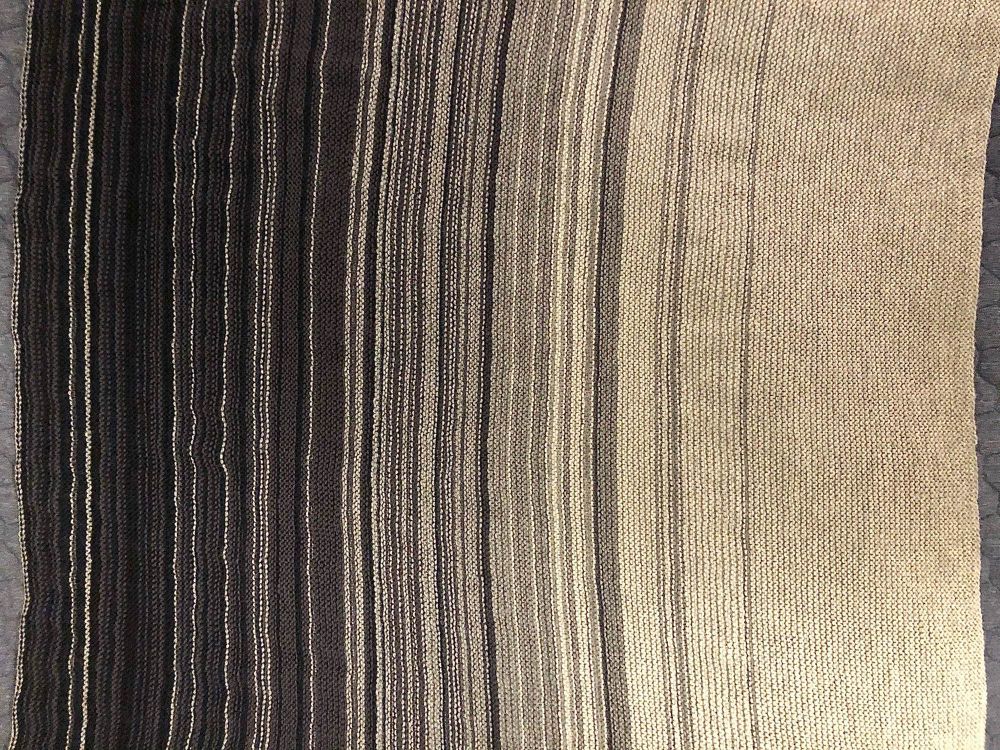 Photo of a knit blanket with grey and blue stripes