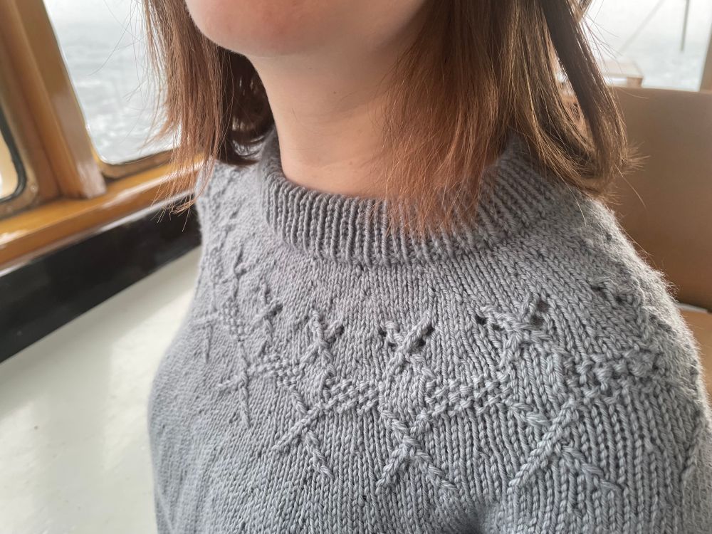 Photo of a hand-knit light blue sweater, zoomed in on the yoke. The yoke features moss stitch rectangles and cables representing Chaetoceros diatoms