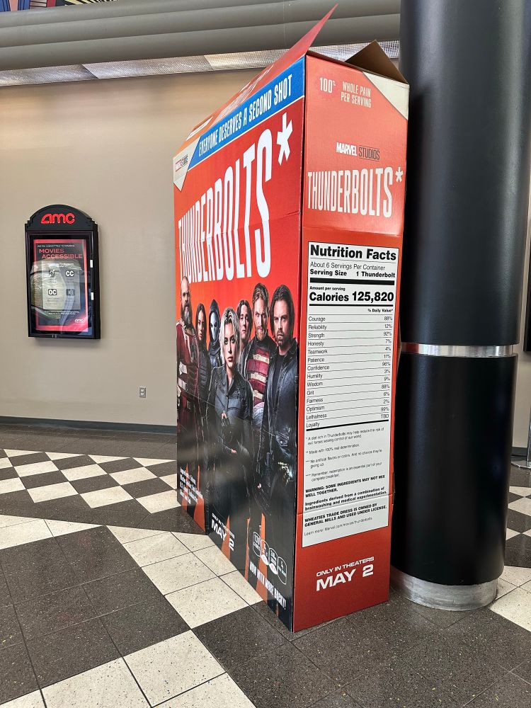 Standee Thunderbolts ad at AMC Wheatie box with the cast