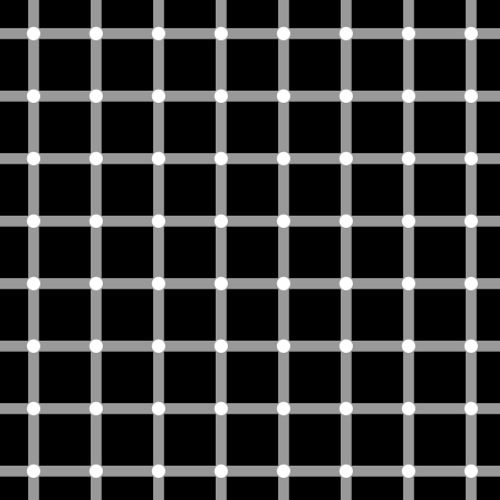Herman grid optical illusion uses high contrast to fool the eye into seeing non-existent dots at the vertices.