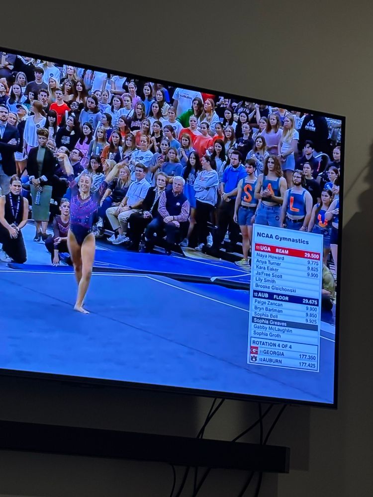 Olivia Greaves competing gymnastics  but it says Sophia Greaves her sister 