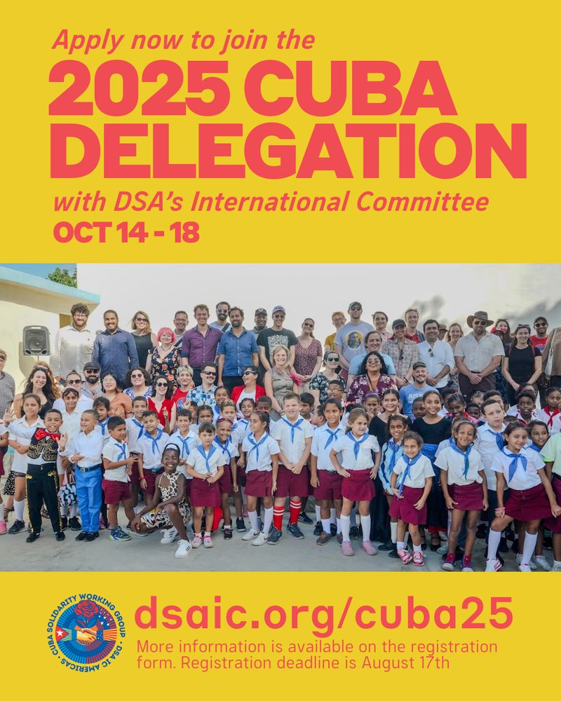Cuba delegation flier with picture of the '23 delegation with Cuban school children - oct 14-18, dsaic.org/cuba25 more information available on the registration form