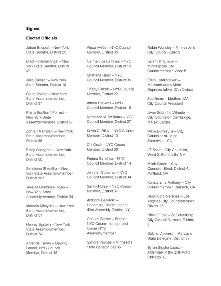 The second page of the letter continues urging President Biden to take action on Cuba, focusing on removing punitive sanctions and supporting humanitarian aid. The page is signed by a list of elected officials, including New York State Senators, NYC Council Members, and other state representatives from across the U.S. The officials are affiliated with various states, such as Minnesota, Vermont, and California, showcasing broad geographical representation.