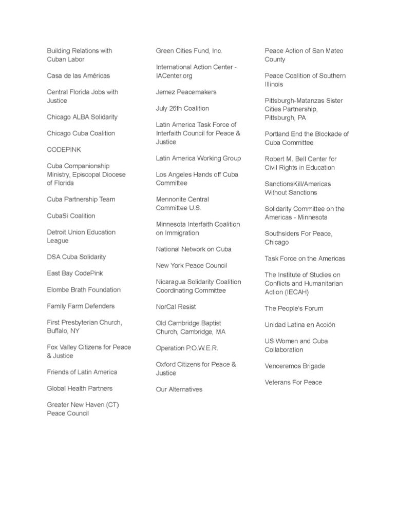 The final page lists partner organizations and advocacy groups supporting the letter to President Biden. These organizations include peace and justice groups, religious organizations, and various coalitions focused on U.S.-Cuba relations. The page emphasizes the collective support of diverse groups for ending the embargo and improving relations with Cuba.