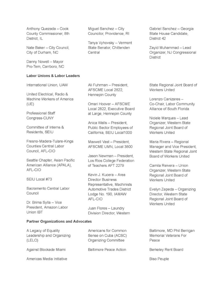 The third page lists labor union leaders and their respective organizations who have signed the letter, including leaders from the International Union, UAW, SEIU Local 73, and others. Partner organizations, such as labor coalitions and advocacy groups, are also listed. These groups highlight support from unions and activists committed to lifting the embargo and supporting Cuba.