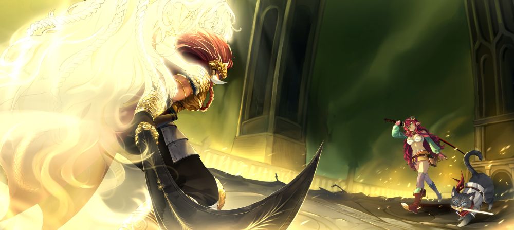 A knight cat and his sheep horned friend face off against a towering foe and his ally in a god-like arena

This art is a commission by Knight Mylo for his friend Harbi to celebrate her finishing the Elden Ring DLC. 