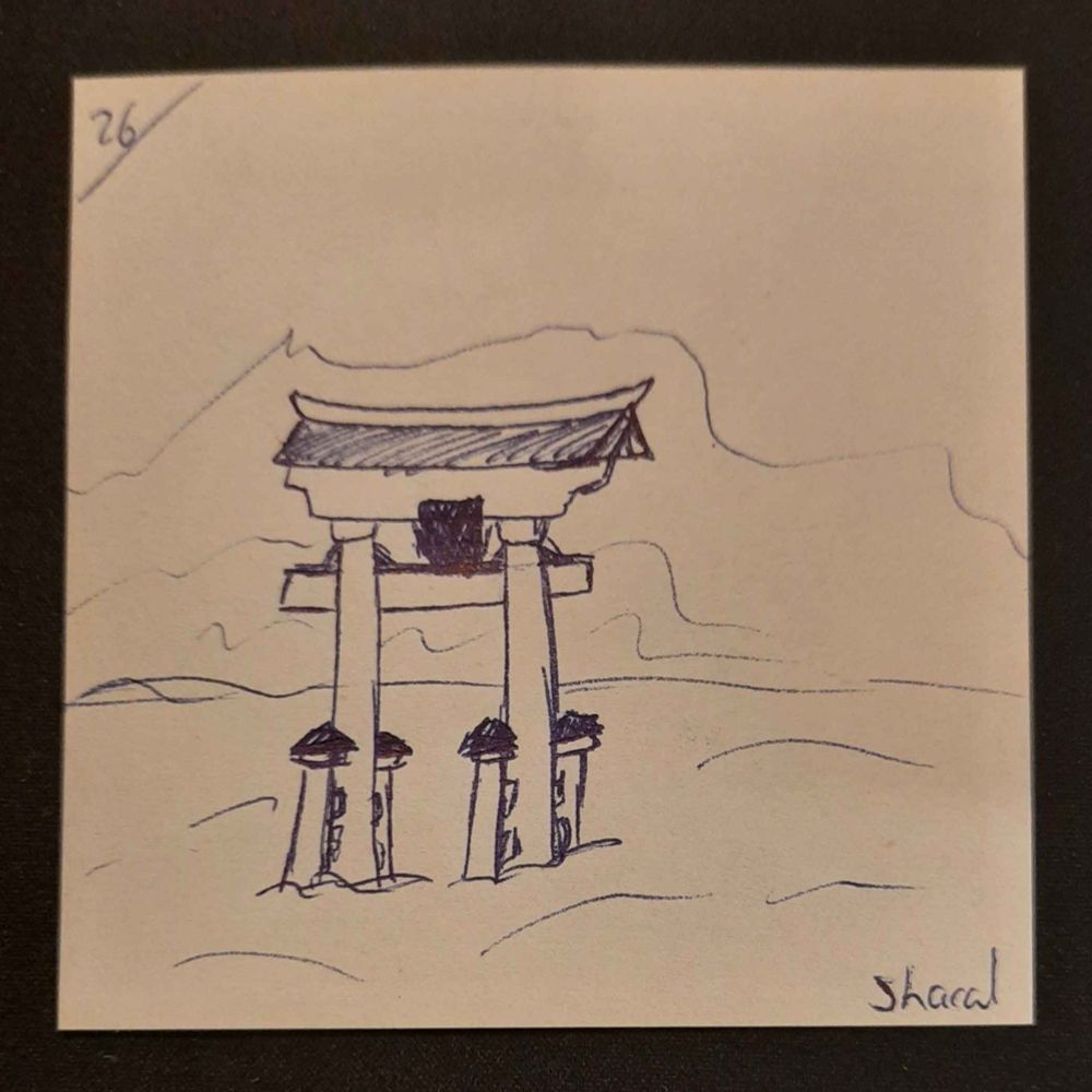 Mit Kugelschreiber gekrakelte Zeichnung des Torii vom Itsukushima Shrine