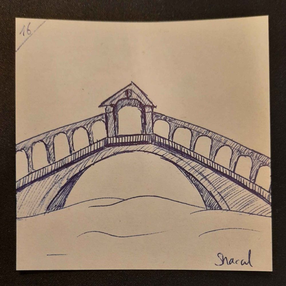 Mit Kugelschreiber gekrakelte Zeichnung der Rialtobrücke in Venedig