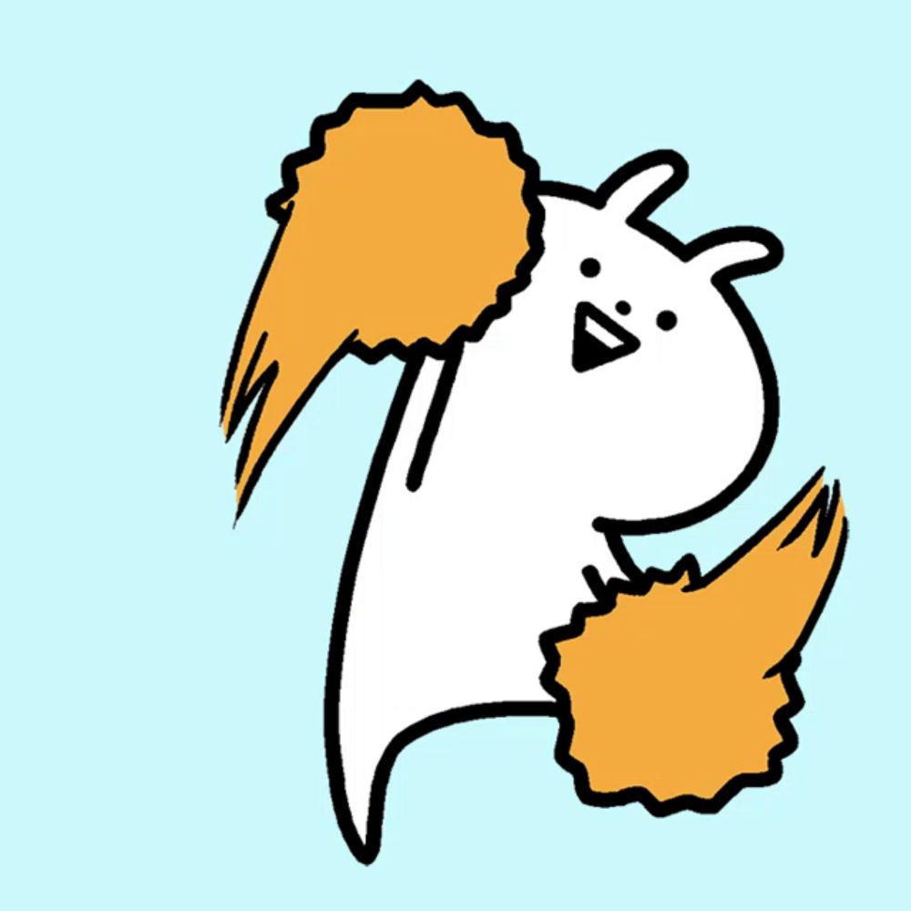 a cartoon drawing of a white rabbit with orange ears