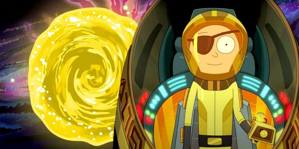 Rick and Morty season 5 finale screenshot showing evil Morty smiling while wearing his signature eye patch and a spacesuit. Evil Morty is holding a yellow portal gun while riding in a spaceship away from a yellow portal. 