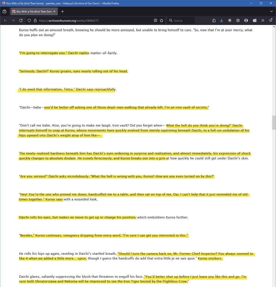 Excerpt from peerless_sass's Fic, "Kiss With a Fist (And Then Some)" (2021), where the highlighted parts were plagiarized from Jive's "Quid Pro Quo" (2018).