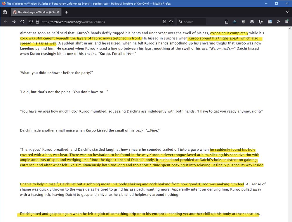 Excerpt from peerless_sass's Fic, "The Woebegone Window (A Series of Fortunately Unfortunate Events)" (2025), where the highlighted parts were plagiarized from Jive's "Not That Kind of Hole in the Wall" (2017).