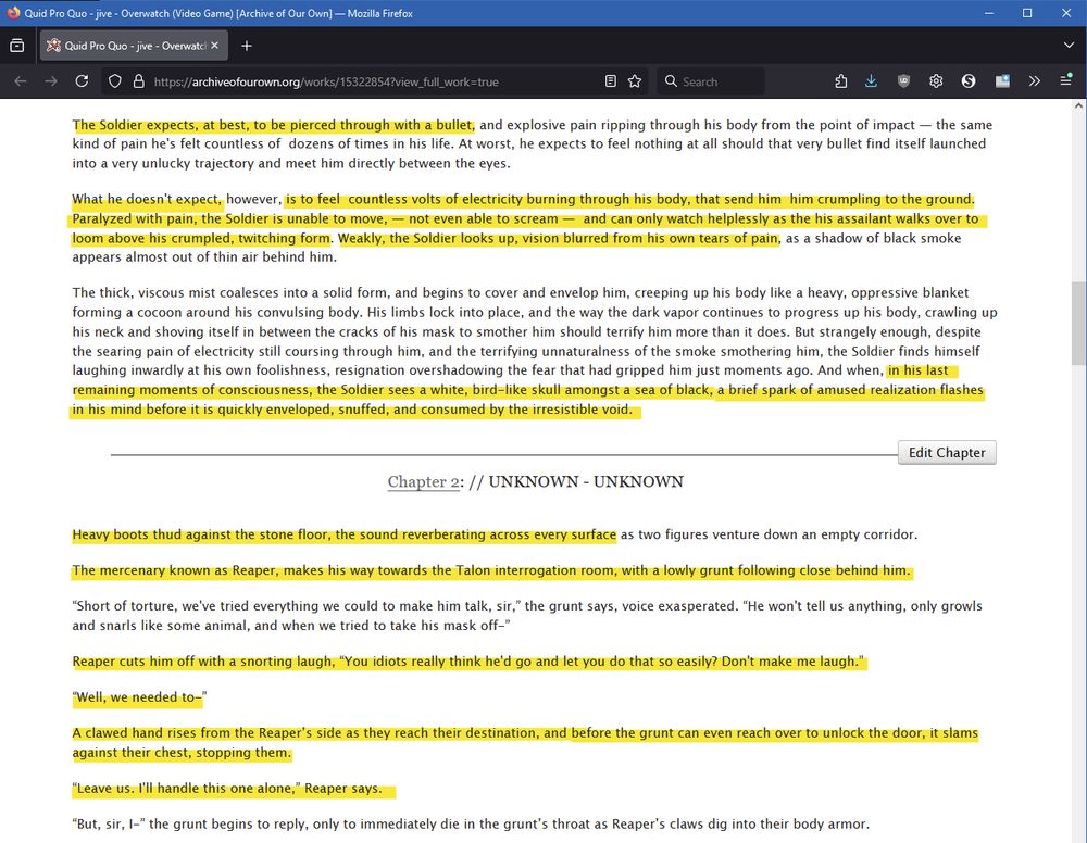 Excerpt from Jive's Fic, "Quid Pro Quo" (2018), with parts highlighted to show where parts of the work were plagiarized by peerless_sass.
