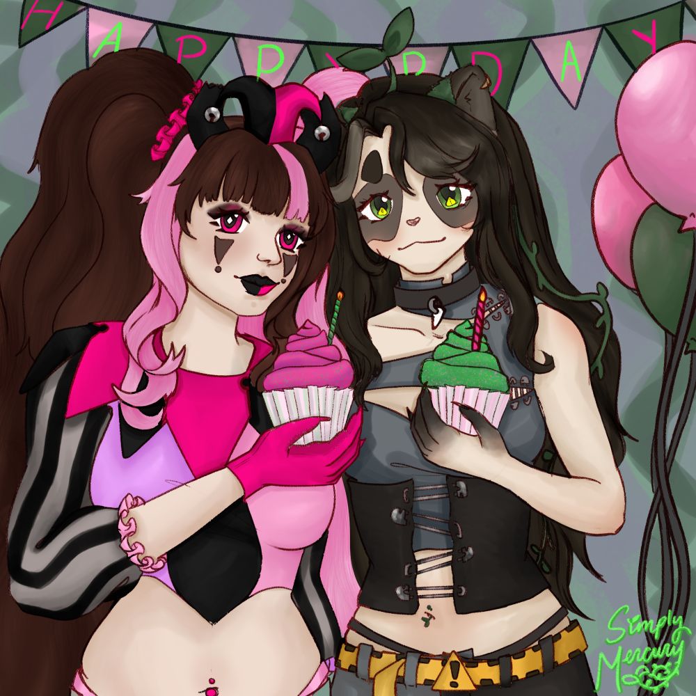 an illustration of PinkiPox and simply_mercury's characters standing next to one another holding cupcakes, one pink and one green. The background is a sage green with pink and green balloons and a banner that says "Happy Bday"